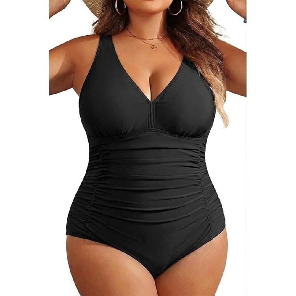 Aqua Eve Womens Black‎ One Piece Swimsuit Ruched Tummy Control V-Neck NWT